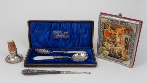 A Russian silver icon (late 20th century), antique serving spoons, crochet hook with silver handle and silver bar pourer and lid in box, 19th/20th century, the icon 14 x 11cm