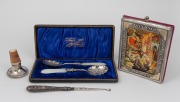 A Russian silver icon (late 20th century), antique serving spoons, crochet hook with silver handle and silver bar pourer and lid in box, 19th/20th century, ​​​​​​​the icon 14 x 11cm