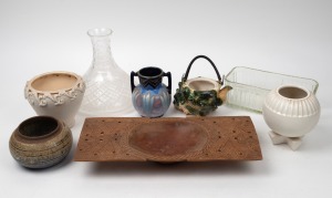 Crystal carafe, Rathjen pottery vase, tribal carved wooden bowl, vases, etc, (8 items), the largest 17cm high.