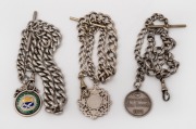 Three antique sterling silver fob chains with fobs, 19th/20th century, the largest 41cm long, 195 grams total.