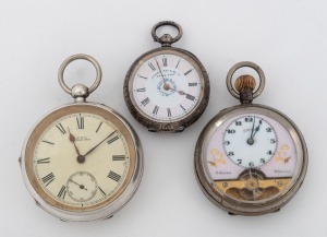 Three antique pocket watches, two in silver cases the other in nickel, 19th/20th century, ​​​​​​​the largest 7.5cm high including bow.