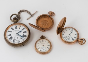 An antique nickel cased oversized pocket watch with crown wind movement and Roman numerals, together with a gold filled pocket watch case, a gold plated full hunter pocket watch, and a gold plated open faced pocket watch, A/F. (4 items), the largest 10cm 