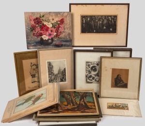 A box of assorted pictures and paintings together with some ornithological publications, (qty)