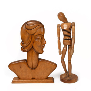 A vintage articulated artist's model; together with a carved wooden Art Deco style bust, (2 items), 53cm and 46cm high