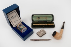 SWAN rolled gold antique American fountain pen; together with a sterling silver pencil, a MEERSCHAUM&nbsp;pipe, a novelty match vesta in the form of a book and HALCYON&nbsp;​​​​​​​DAYS boxed enamel trinket box, mixed vintages, (5 items)