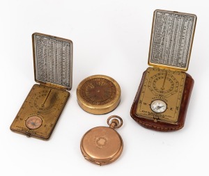 ANSONIA: Two rare brass cased pocket sundials with wax card compass and perpetual calendar printed to the case lid, one example with leather carrying case, early 20th century; together with a circular time calculating device and an antique gold plated poc