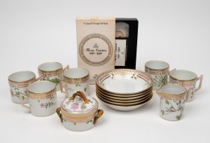 ROYAL COPENHAGEN "FLORA DANICA" set of six coffee cups and saucers with matching sugar bowl, creamer and accompanying VHS cassette, (15 items), factory mark to base with botanical titles, the saucers 14.5cm diameter.