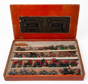 Antique German lead soldiers in original timber case with lithograph label, the case 36cm wide