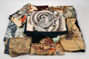 Assorted Japanese textiles and garments, including kimonos, jackets and obi, mostly silk with several embroidered examples, (qty).