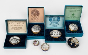 Seven assorted enamel patch boxes, including four boxed Halcyon Days, ​​​​​​​the largest 5.5cm wide