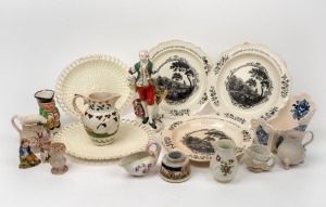 Assorted antique and vintage ceramic plates, statues, jugs, figurines, cradle, ink pot etc., A/F, 18th, 19th and 20th century, (18 items)