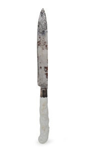 CHELSEA rare antique English porcelain handled knife, red anchor period, circa 1750,29cm long, together with a carver folk of similar period, most likely Chelsea, 18th century