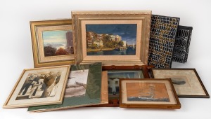 Eleven assorted framed artworks, prints, photographs and dot paintings, the largest 34 x 48cm overall