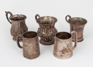 Five assorted antique sterling silver christening mugs, various makers and vintages, the largest 10cm high, 590 grams total