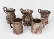Five assorted antique sterling silver christening mugs, various makers and vintages, the largest 10cm high, 590 grams total