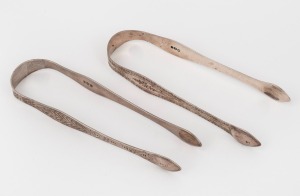 PETER, ANN & WILLIAM BATEMAN of London: Two pairs of antique Georgian sterling silver sugar tongs with bright cut engraving, early 19th century, 13.5cm and 14cm, 66 grams total