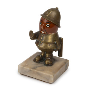 JOHN HASSALL "Bobby" policeman cast bronze car mascot mounted on marble plinth, circa 1920s, signed around waist "Hassall", 11cm high, 13cm high overall