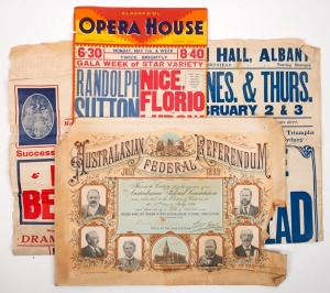 Assorted antique and vintage Australian posters; together with an 1899 "Australasian Federal Referendum" certificate, decorated with Parliament House and State Premiers, colour lithograph (poor condition), (4 items).