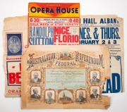 Assorted antique and vintage Australian posters; together with an 1899 "Australasian Federal Referendum" certificate, decorated with Parliament House and State Premiers, colour lithograph (poor condition), (4 items).