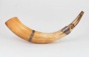 An antique powder horn with sterling silver mount and later sterling silver collar, 19th century, 39cm long