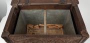 An antique English oak coal box constructed from 17th century panelling with scroll carved front and peg jointed construction, circa 1900, 51cm high, 62cm wide, 36cm deep. - 2