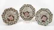 Three antique Japanese hand-painted octagonal porcelain plates, Meiji Period, A/F, 20cm wide