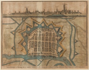 239 · ISAAC BASIRE, "NEWPORT a Strong SEA-PORT TOWN in FLANDERS, restored to the EMPIRE by ye TREATY of UTRECHT.", [London, for Rapin's "History of England", 1732 - 1747], hand-coloured copper plate engraving, 39 x 48cm; framed 55.5 x 64.5cm overall.