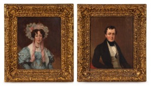 ARTIST UNKNOWN, I.) portrait of a lady, 19th century, II.) portrait of a gentleman, 19th century, oil on canvas, both appear to be re-lined, ​​​​​​​30 x 24cm each, 44 x 39cm each overall.