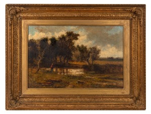 ABRAHAM HULK (British, 1851&ndash;1922), (untitled figure in landscape), oil on canvas, re-lined, signed lower right "A. Hulk...", ​​​​​​​30 x 45cm, 61 x 55cm overall.
