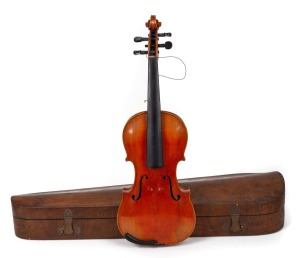 STAINER vintage violin in coffin case with two bows, bearing paper label and stamped on the reverse "STAINER", 19th/20th century, ​​​​​​​60cm long overall.