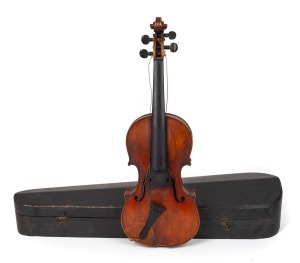 An antique violin in ebonized coffin case, 19th/20th century, ​​​​​​​60cm long overall.