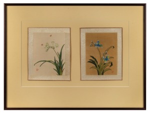 A vintage Chinese floral diptych hand-painted on silk and framed as one, 20th century, 51 x 68cm overall.