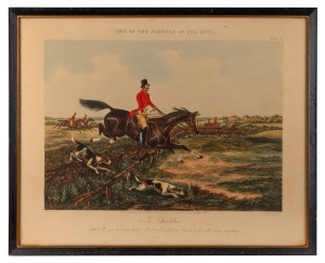 Set of four antique hunting scene prints, mid 19th century, ​​​​​​​39 x 49cm each overall.