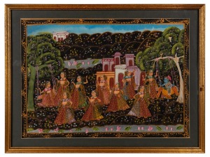 An Indian garden scene with dancing figures, hand-painted on silk, 20th century, ​​​​​​​44 x 58cm overall.