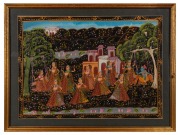 An Indian garden scene with dancing figures, hand-painted on silk, 20th century, ​​​​​​​44 x 58cm overall.
