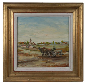 ARTIST UNKNOWN, Chepstow Castle, drypoint etching, signed and titled in the lower margin, 14 x 15cm, 37 x 32cm overall. Together with: ARTIST UNKNOWN, (dray and village scene), oil on board, signed lower left (illegible), 26 x 26cm, 39 x 39cm overall. ​​​