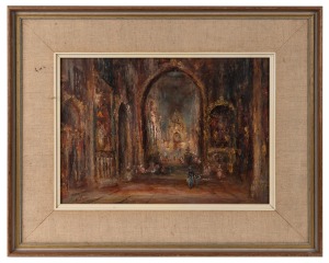 ARTIST UNKNOWN, (church interior scene), oil on board, signed lower right (illegible), 25 x 35cm, 42 x 52cm overall.
