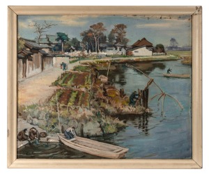 VICTOR FOX, (Chinese village river scene), oil on canvas, signed lower left "Victor Fox, 1949", 49 x 59cm, 55 x 65cm overall