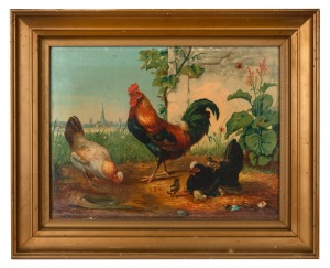 An antique coloured lithograph print of chickens in landscape, housed in a gilt frame, 19th century, 32 x 39.5cm overall.