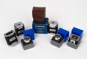 VOIGTL&Auml;NDER: Group of seven viewfinders, including Kontur 6 x 9 in plastic case, two Kontur 24 x 36 both in plastic case, Turnit 35mm, Turnit 100mm, Turnit 3 50mm with leather pouch and maker's box. (7 items)