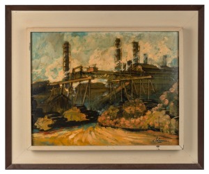 ARTIST UNKNOWN, (untitled industrial landscape), oil on board, signed lower right (illegible), ​​​​​​​40 x 52cm, 58 x 69cm overall