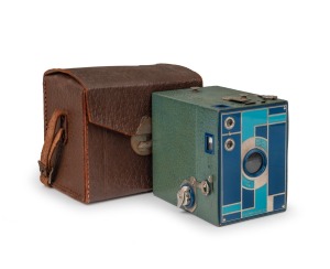 KODAK: Two-tone blue Beau Brownie No. 2 120 film camera with leather case, c. 1930.