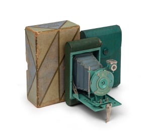 KODAK: Petite 127 film camera, in teal with matching leather case and original maker's box, c. 1931.