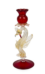 SALVIATI Murano glass dragon candlestick with ruby and gold foil "oro" inclusion, for BAROVIER & TOSO, circa 1930s, 26.5cm high.
