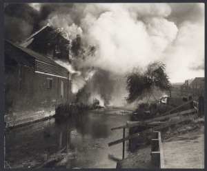 DISASTERS: Three 1930s press agency photographs - "Devastating fire broke out at Collingbourne, Kingston, Wiltshire, Feb. 9th", "Fire occurred at...one of the oldest established tanneries in the country", "Motor-lorry...burst into flames on the Newcastle-Durham road". (3 items, the largest 28.5 x 23.5cm)