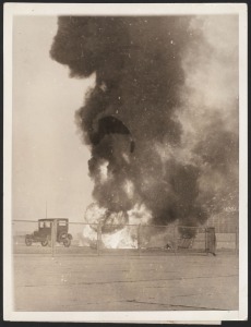 ITALIAN AVIATOR CRASH: 1933 Associated Press photograph showing the burning wreckage in which pioneering aviator Francesco de Pinedo tragically lost his life.