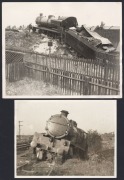RAILWAY DISASTERS: Seven 1930s press agency photographs showing crumpled wreckage and/or inspection of wreckage - Lynemouth coal wagons crash on beach, three different views of Streatham, London tender uncoupling, a Paris express train overturned, and col