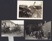 RAILWAY DISASTERS: Seven 1930s press agency photographs showing crumpled wreckage and/or inspection of wreckage - Lynemouth coal wagons crash on beach, three different views of Streatham, London tender uncoupling, a Paris express train overturned, and col - 3