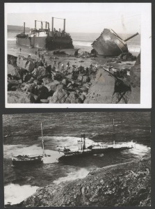 SHIPWRECKS: Eight 1930s press agency photographs of damaged/destroyed merchant vessels, including 1934 Canby run aground at Guion Island Nova Scotia, 1934 Erling Lindœe collision with Hakone Maru at Belvedere Kent, 1937 Aida Lauro run aground at St. Just Cornwall, 1939 Spanish Civil War Barcelona aerial bombing shipwreck, and others. (8 items, the largest 23 x 18cm)