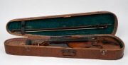An antique German trade violin with bow in mahogany veneered case, the violin with internal label "Copy of Nicolaus Amatus Fecit Made in Germany'", the violin 60cm long, the case 80cm long. - 2
